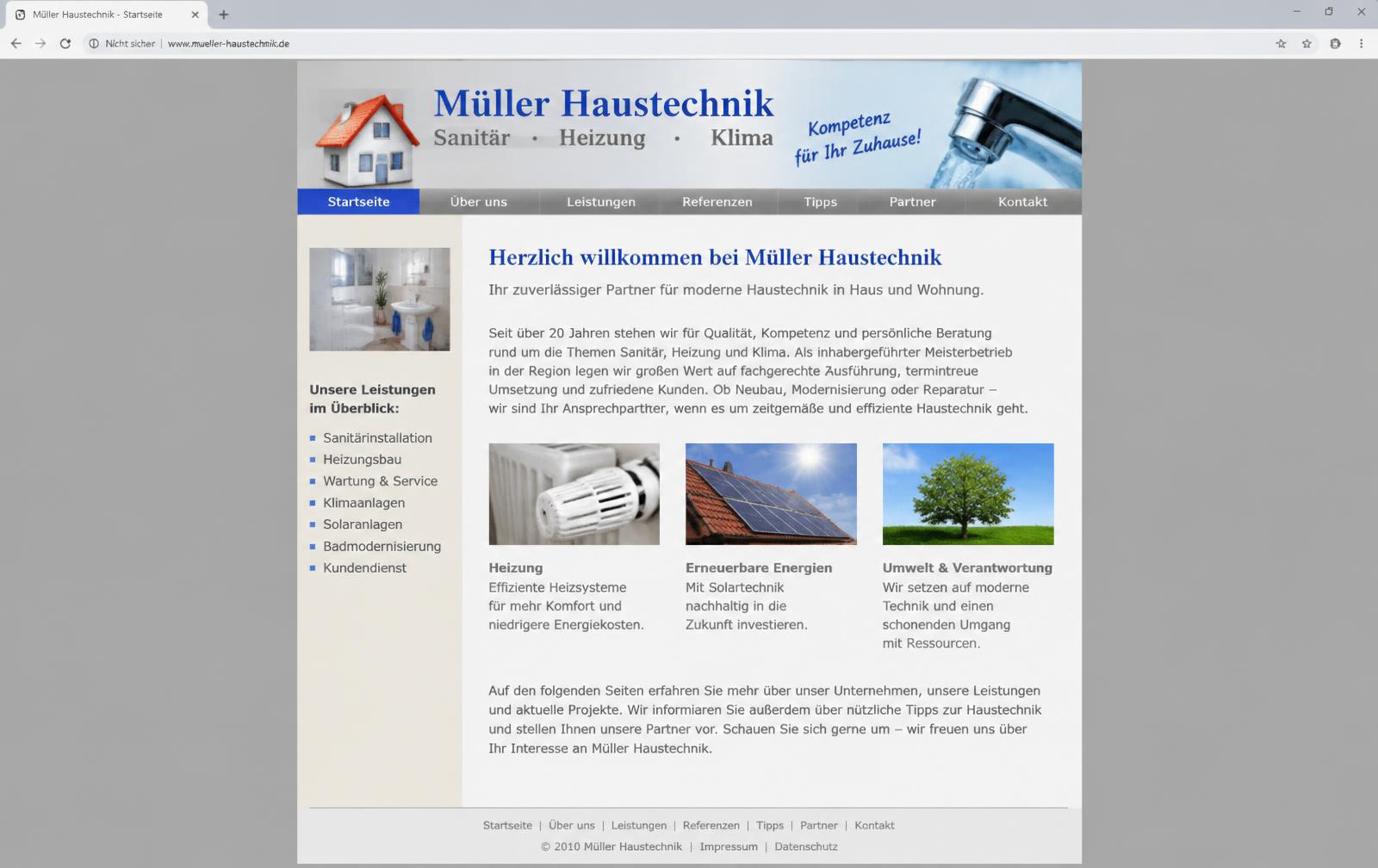 Fiktives Beispiel: veraltete Website von Müller Haustechnik