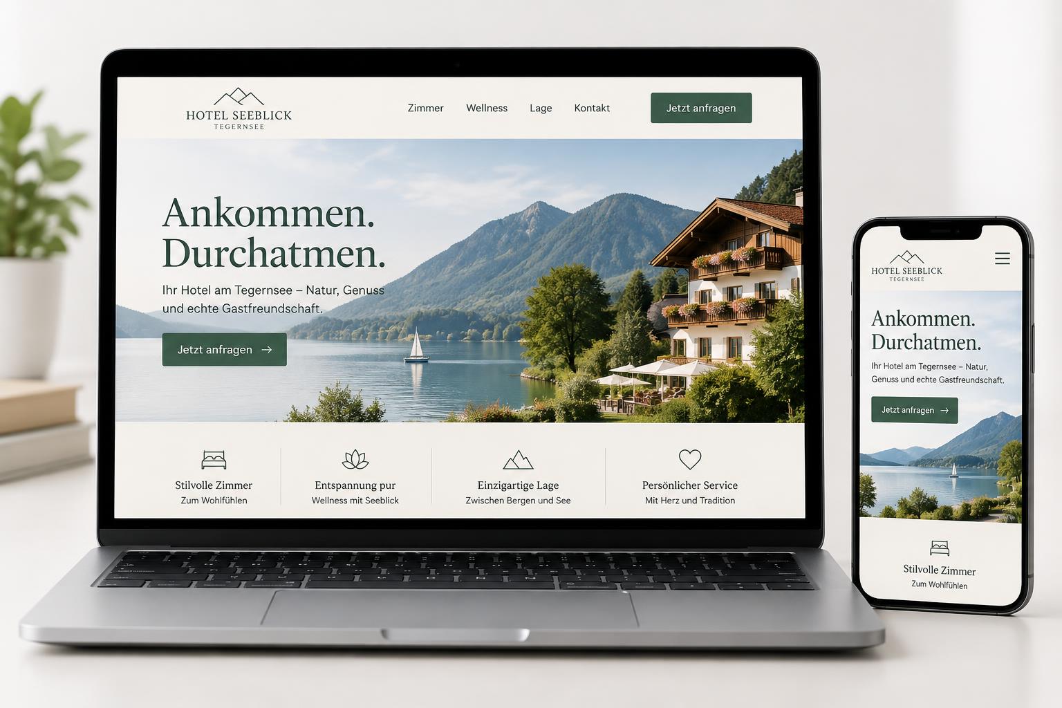 Illustratives Designbeispiel: Website Hotel & Ferienwohnung auf Laptop und Smartphone