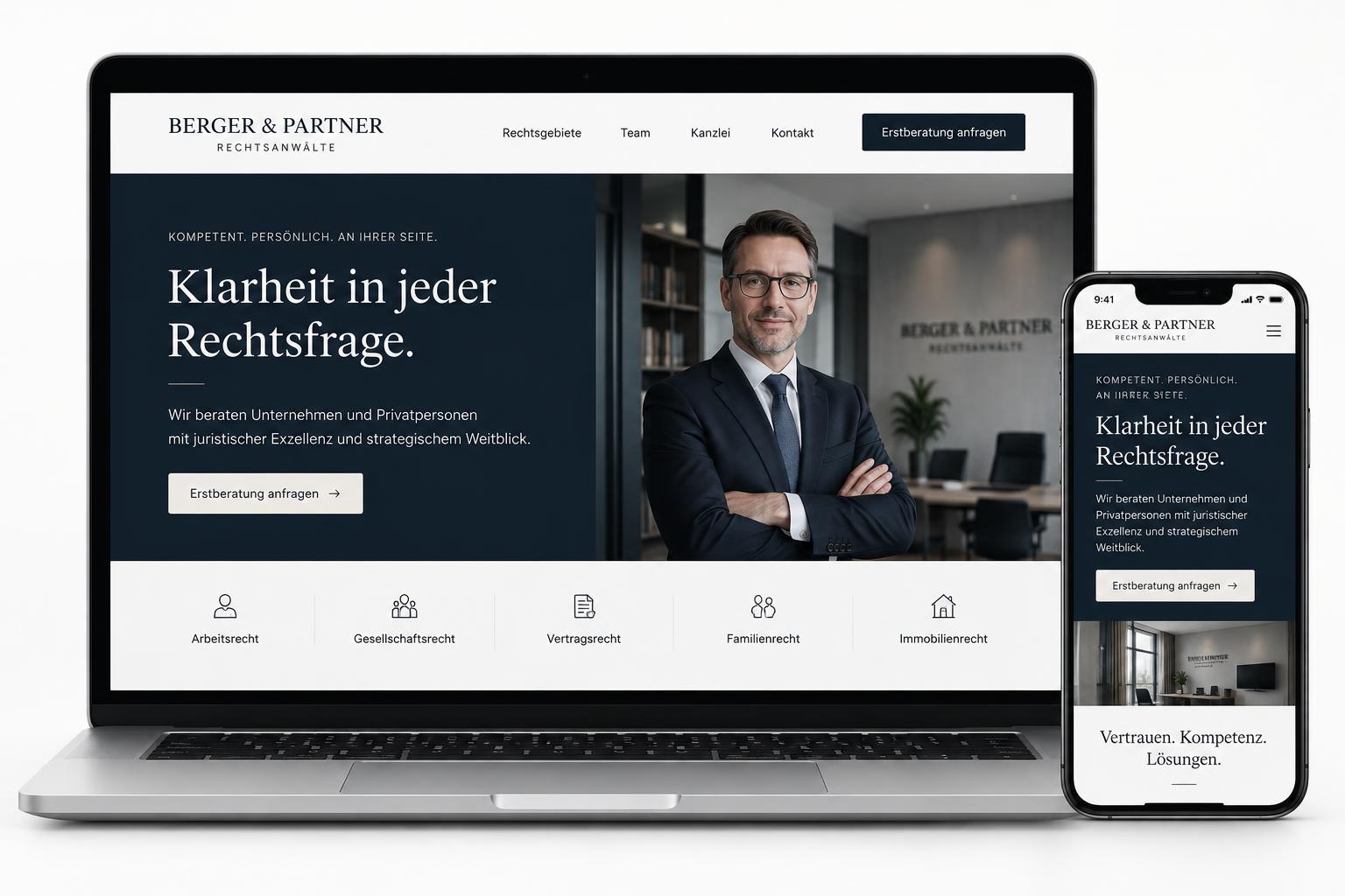 Illustratives Designbeispiel: Website Kanzlei auf Laptop und Smartphone