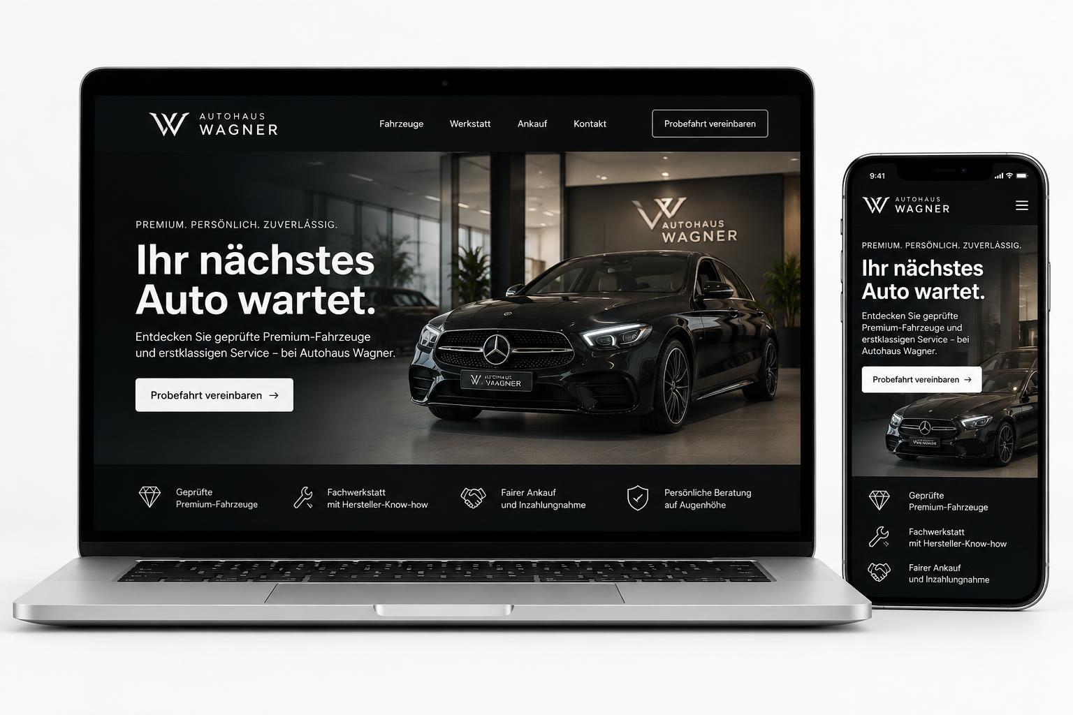 Illustratives Designbeispiel: Website KFZ & Autohaus auf Laptop und Smartphone