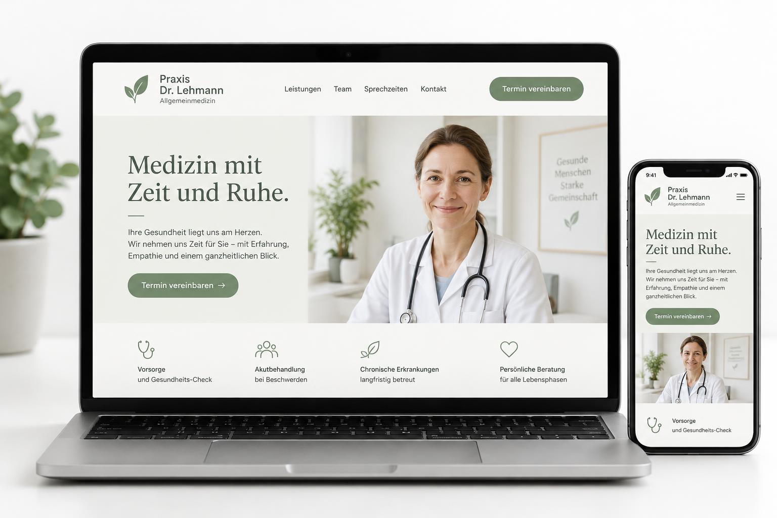Illustratives Designbeispiel: Website Arztpraxis auf Laptop und Smartphone