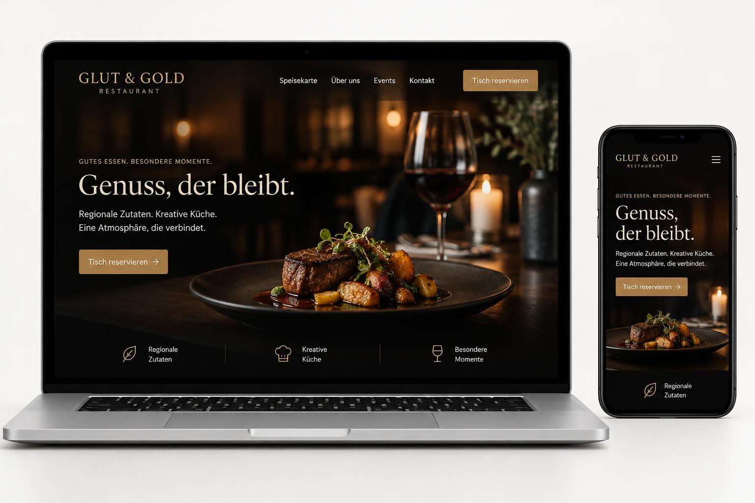 Illustratives Designbeispiel: Website Restaurant auf Laptop und Smartphone
