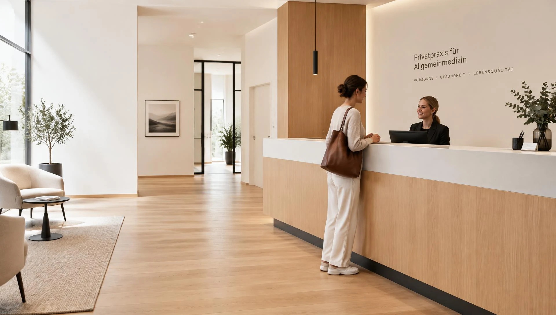 Empfang einer modernen Privatpraxis mit Patientin im Gespräch