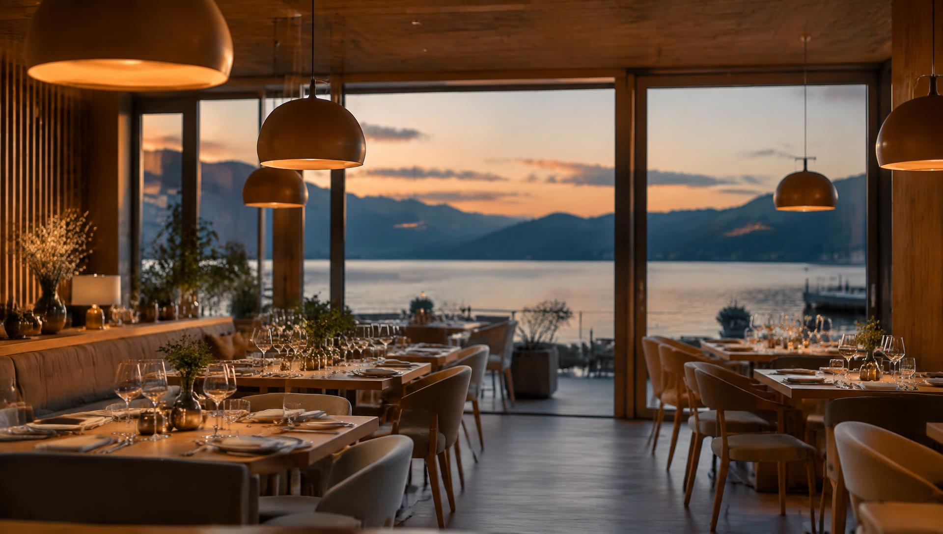 Modernes Restaurant am See in der Abenddämmerung – hochwertige Gastronomie im Tegernseer Tal
