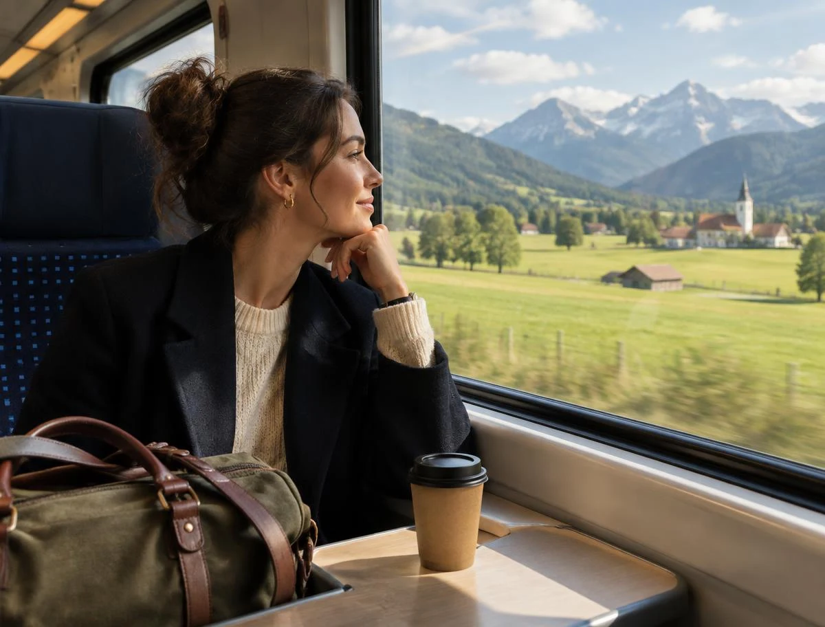 Reisende im Regionalzug mit Blick ins Voralpenland