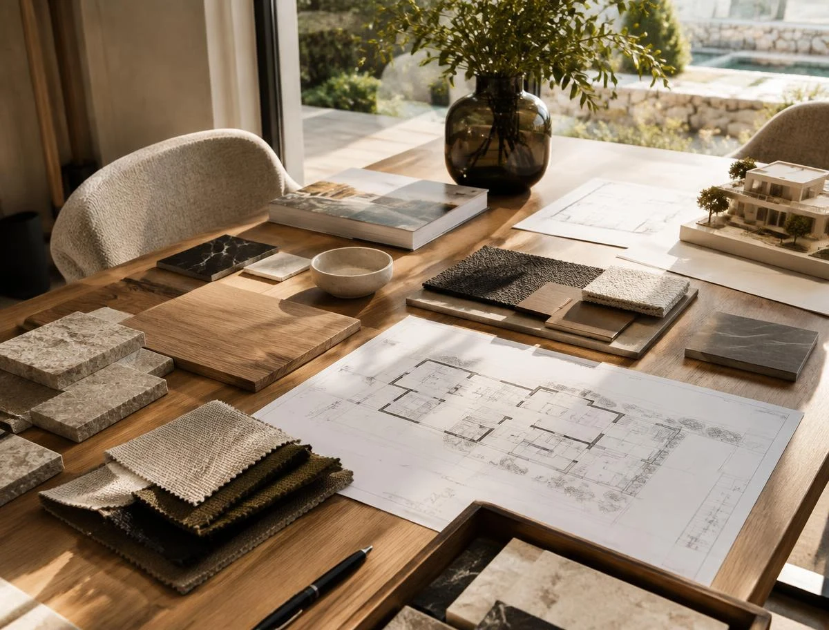 Materialmuster und Grundrisse eines hochwertigen Immobilienprojekts