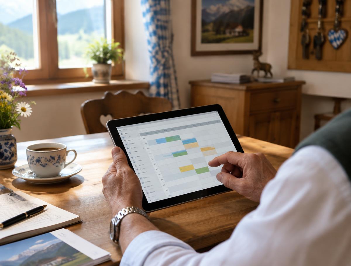 Inhaber eines Gästehauses plant Buchungen am Tablet